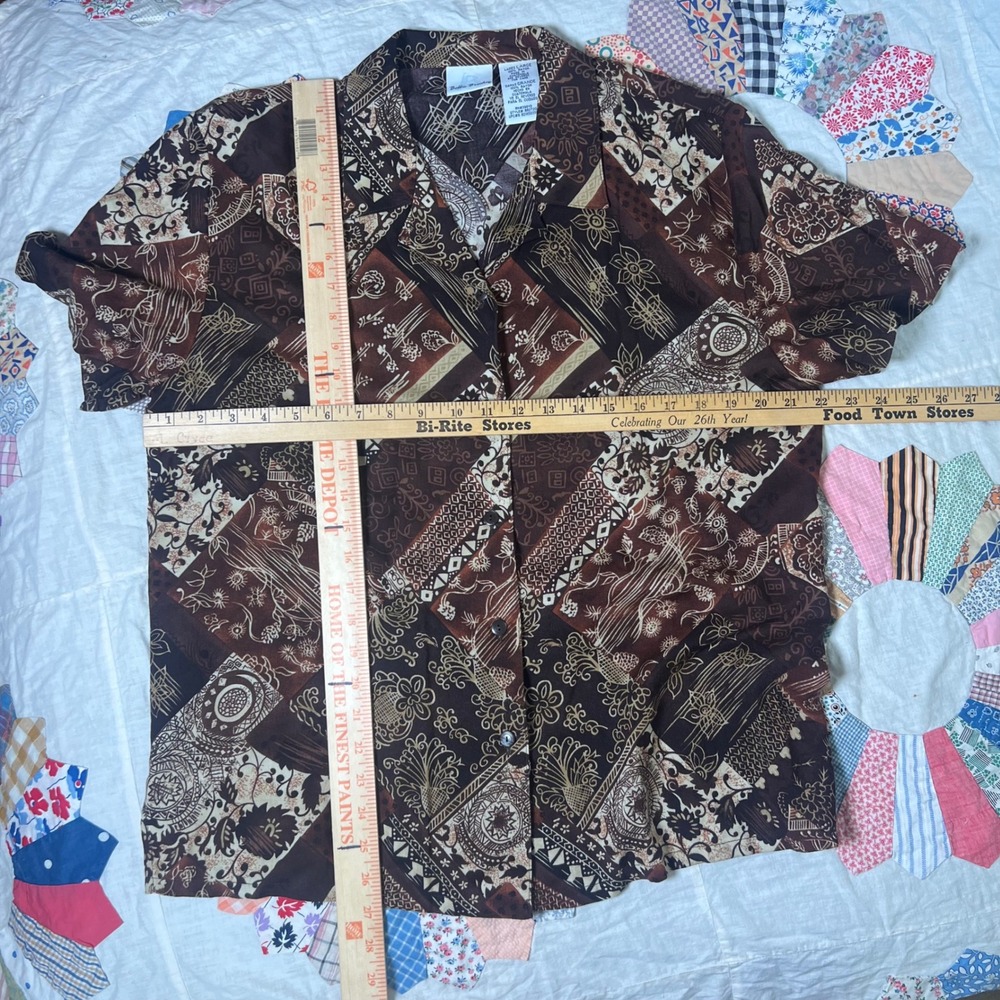 Bobbie Brooks Brown Patchwork Batik Rayon 2 Piece Set Shirt Pants Ladies Large - Picture 8 of 8